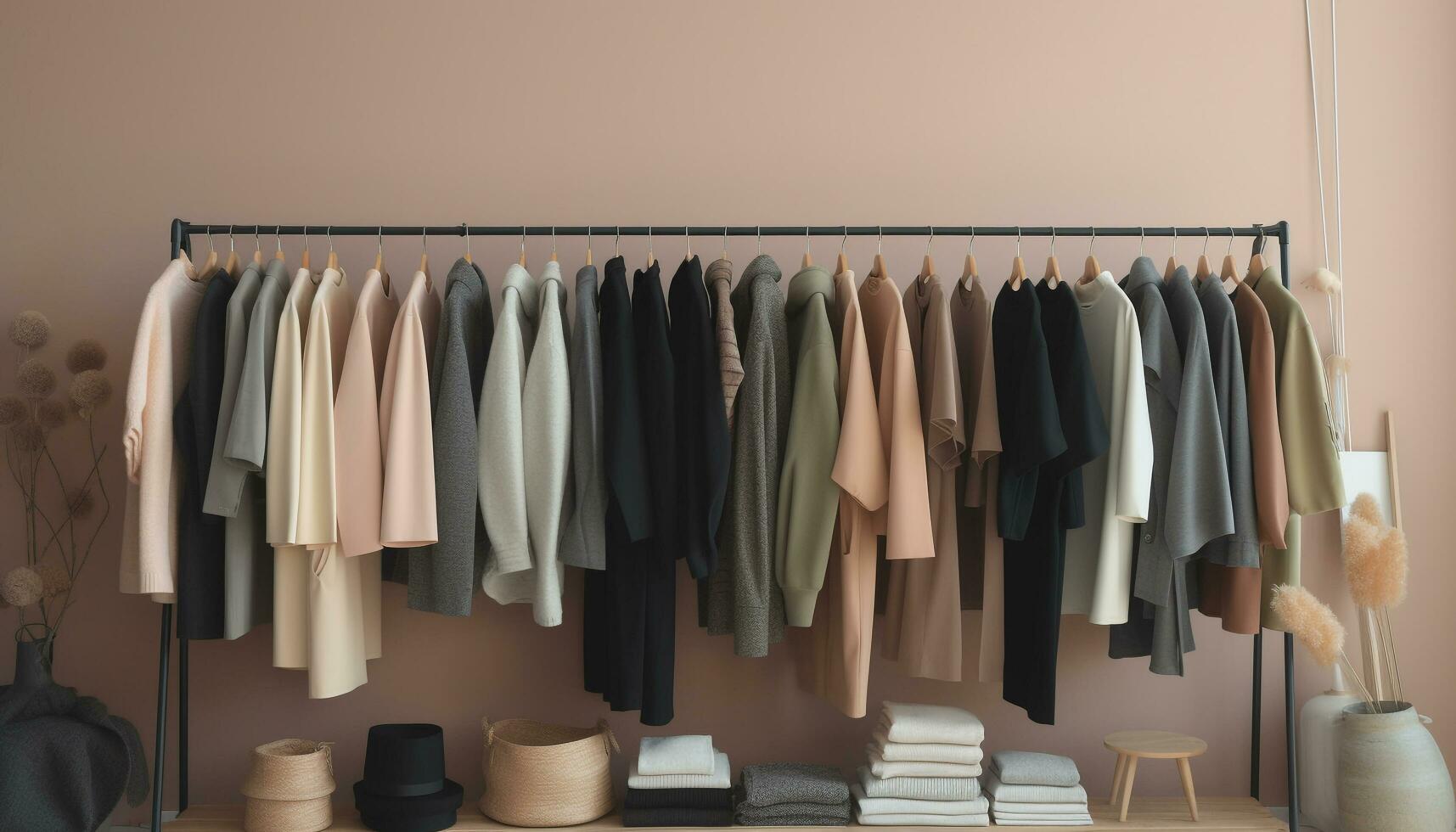 Picture of a clothing rack displaying neutral-toned clothes.